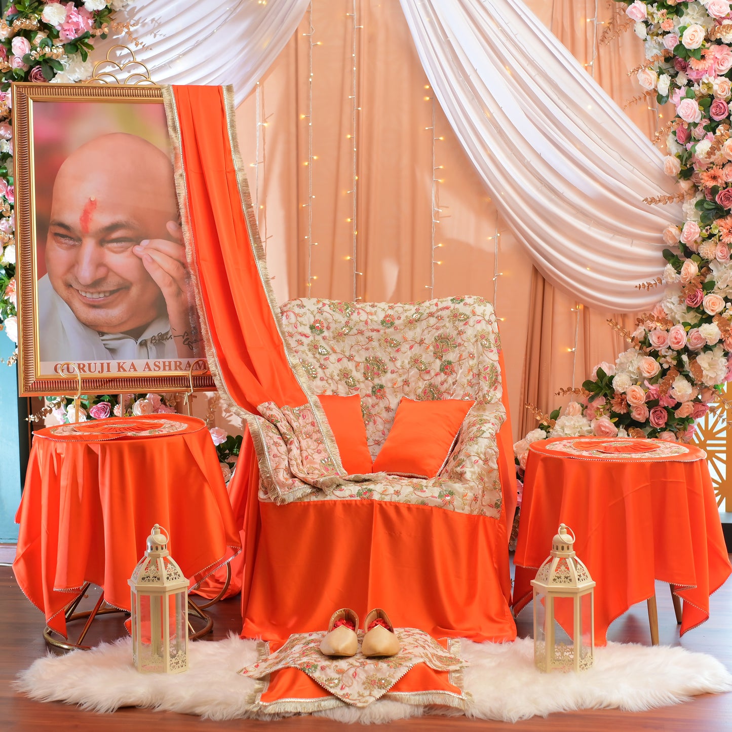 Royal Orange & Ivory Embroidered Guruji Chola – 12 Piece Set