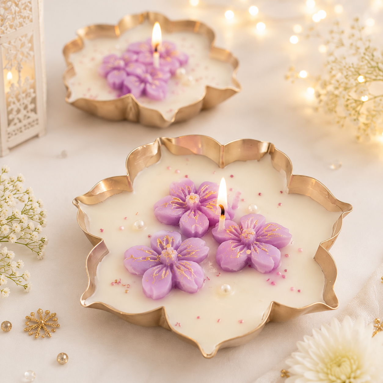 Lavender Blossom Urli Candles – Set of 2 | 3.5 Inch Floral Candles