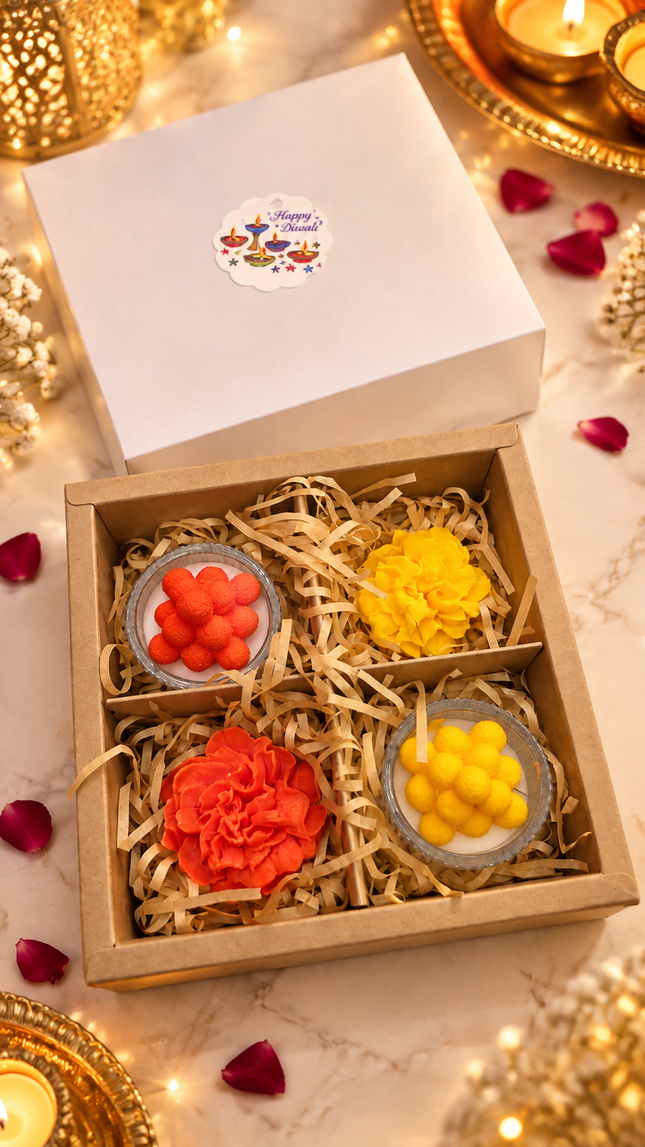 Diwali Special Laddoo & Marigold Candle Set of 4