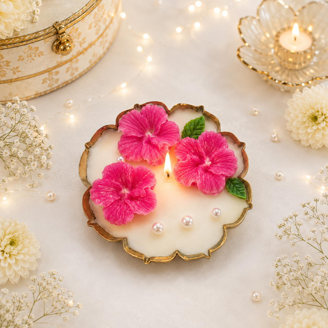 Pink Hibiscus Urli Candle – 4 Inch | Floral Festive Candle
