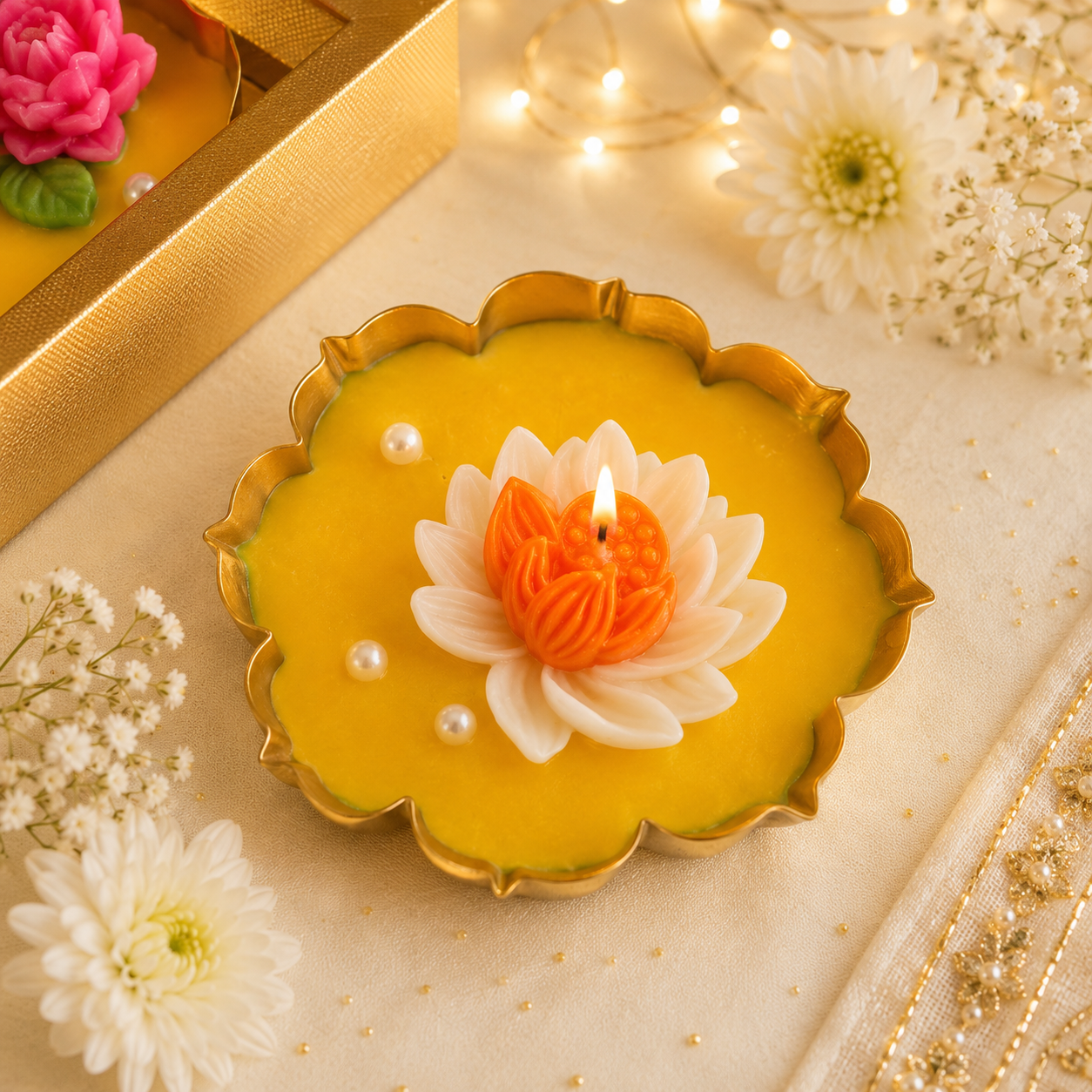Lotus Bloom Urli Candle – 4 Inch | Festive Floral Candle