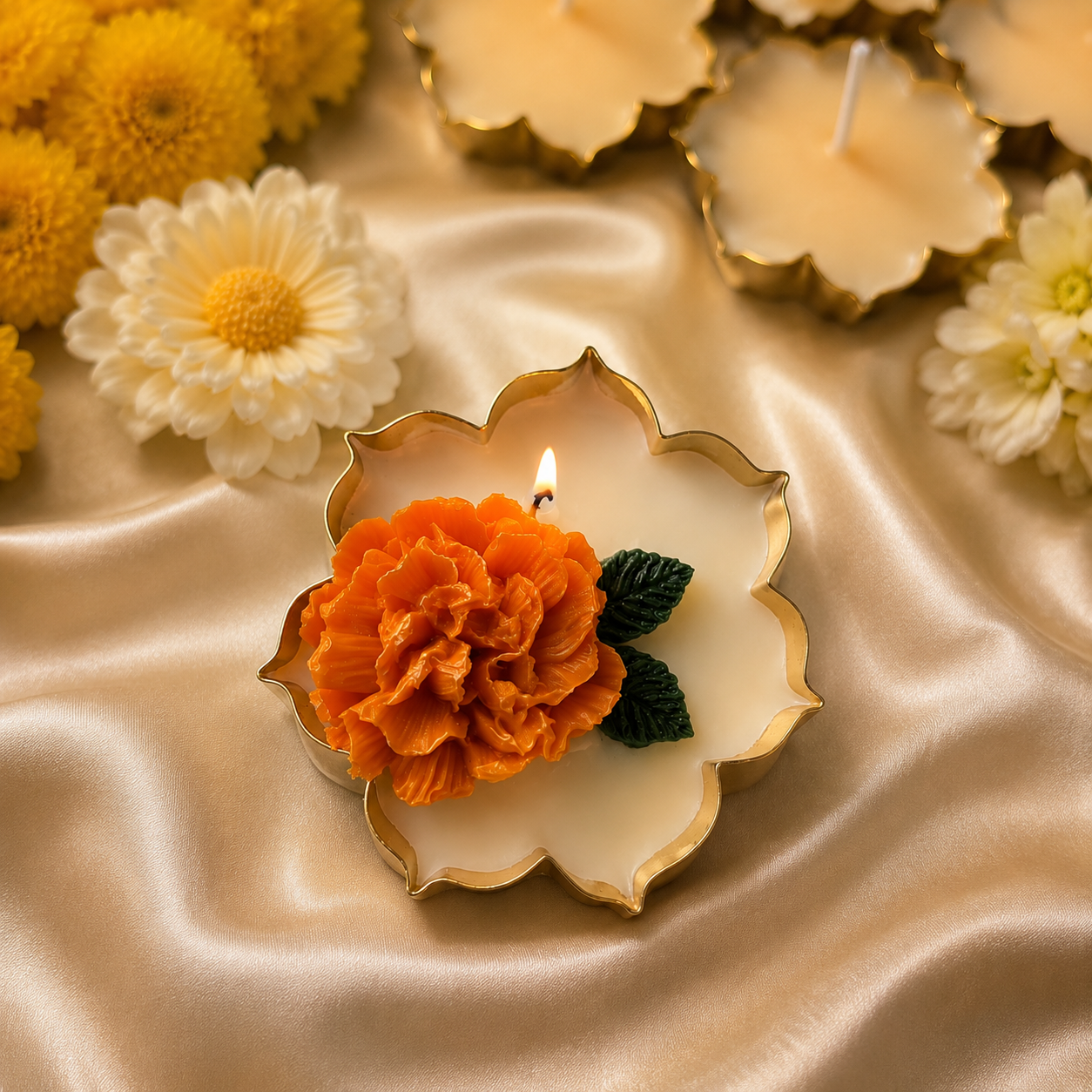 Marigold Bloom Soy Wax Candle in Gold Metal Urli | 3.5 Inch | 100% Soy Wax | Handcrafted Decorative Candle