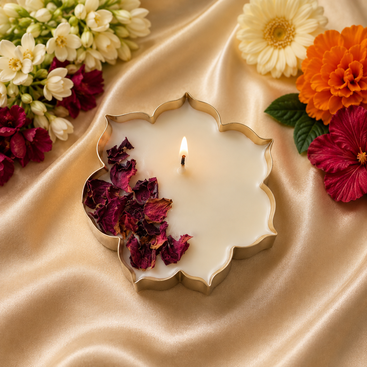 Rose Petal Soy Wax Candle in Gold Metal Urli | 3.5 Inch | 100% Soy Wax | Handcrafted Decorative Candle