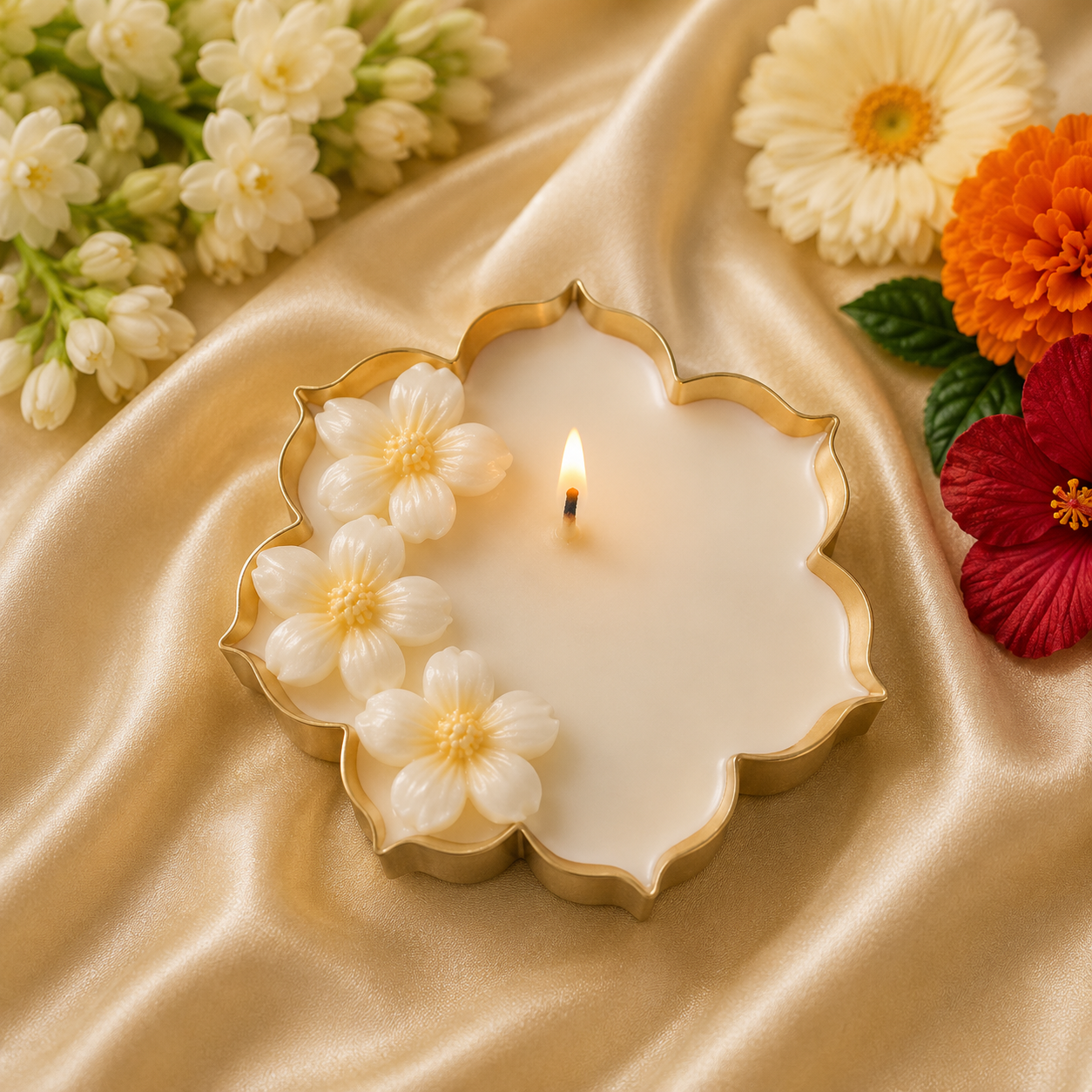 Floral Blossom Soy Wax Candle in Gold Metal Urli | 3.5 Inch | 100% Soy Wax | Handcrafted Decorative Candle