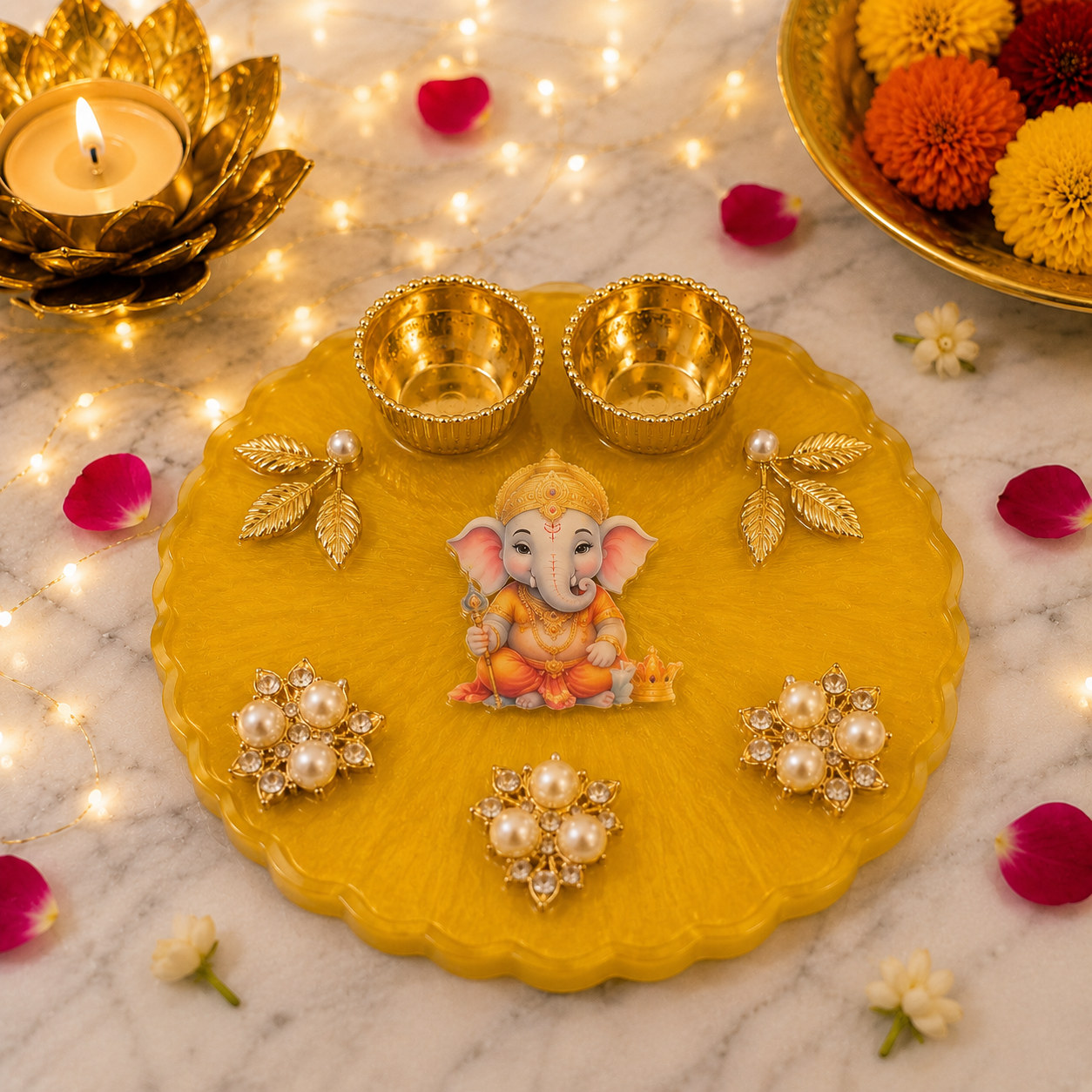 Handcrafted Resin Ganesha Pooja Platter with Diya Holders | Festive Pooja Décor