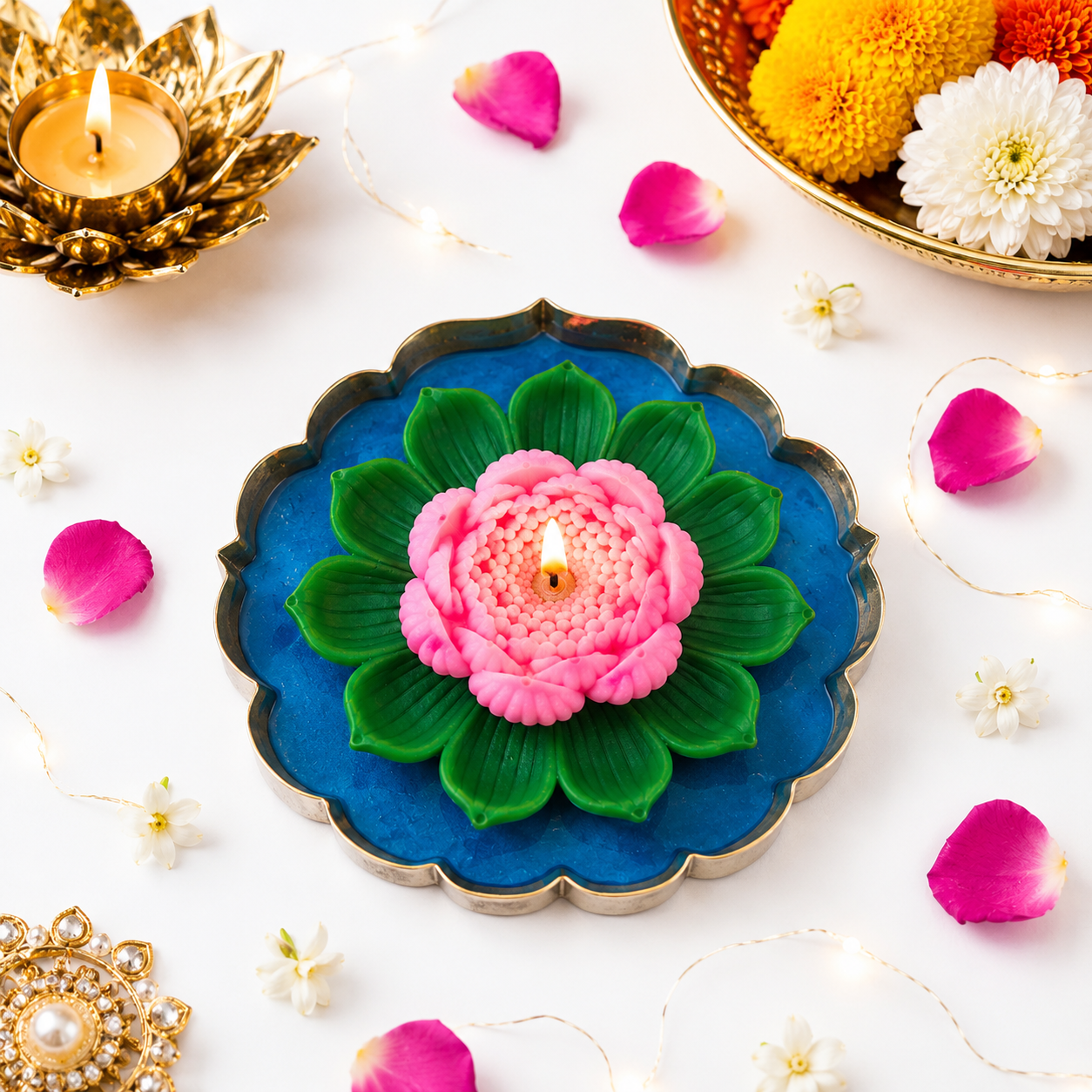 Handcrafted Lotus Urli Soy Wax Candle | Royal Blue | Ganesh Chaturthi Special | 5 Inch