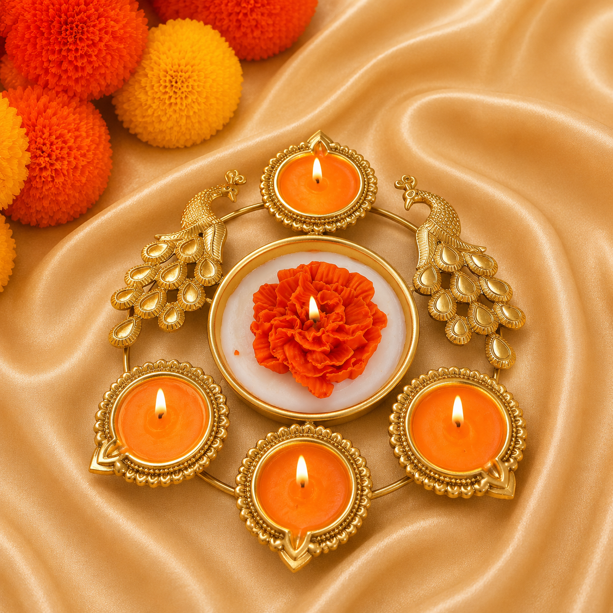 Luxury Peacock Metal Urli Soy Wax Candle Set – Gold Finish | 7 Inch Festive Decor