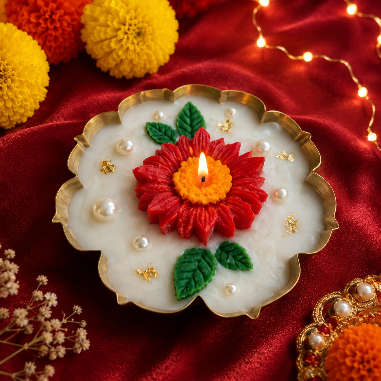 Red Floral Urli Candle – Handmade 100% Soy Wax Candle in Gold Metal Urli | 5 Inch
