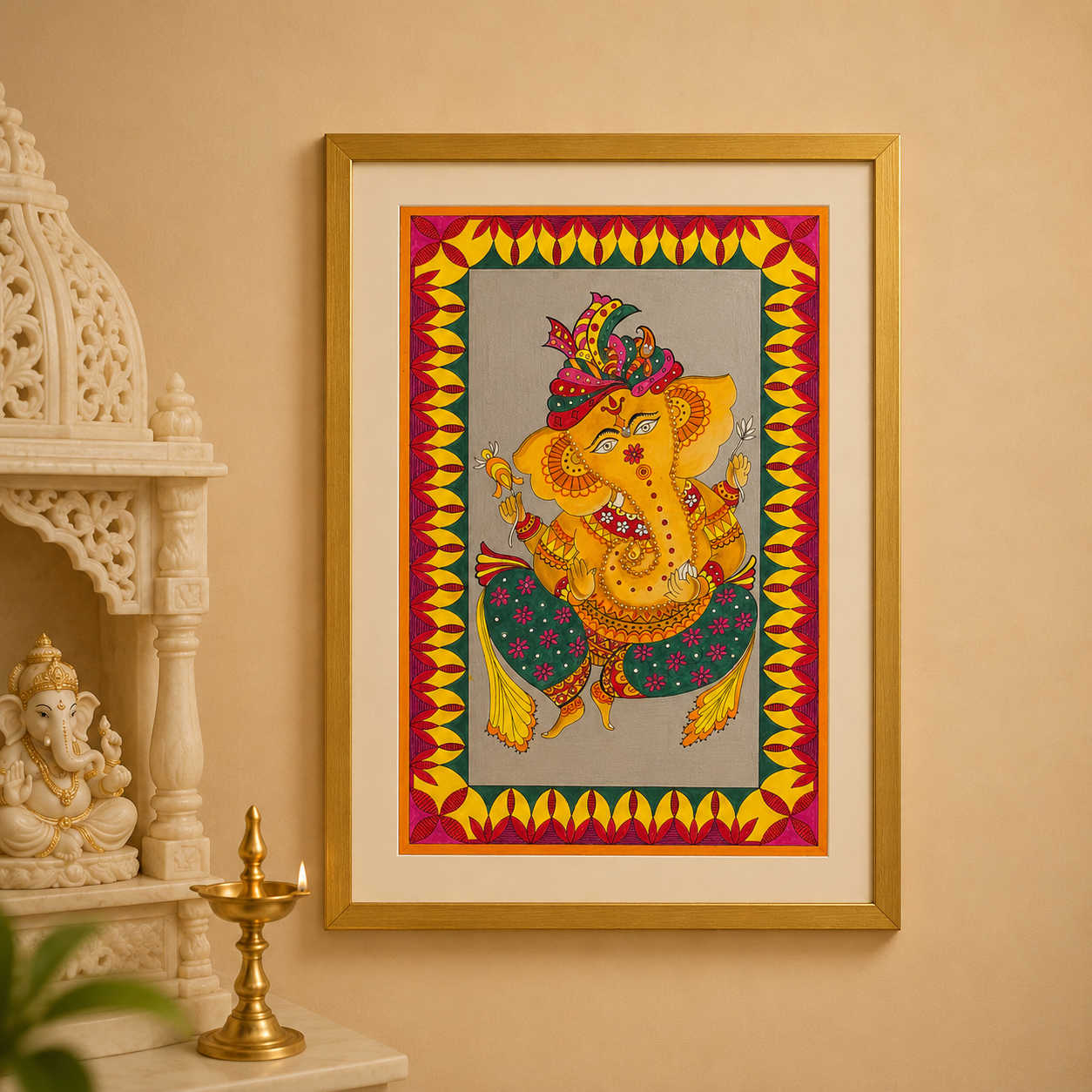Hand-Painted Golden Lord Ganesha with Gold Frame | Traditional Folk Art Painting | Made in Dubai | 10 x 14.5 Inches