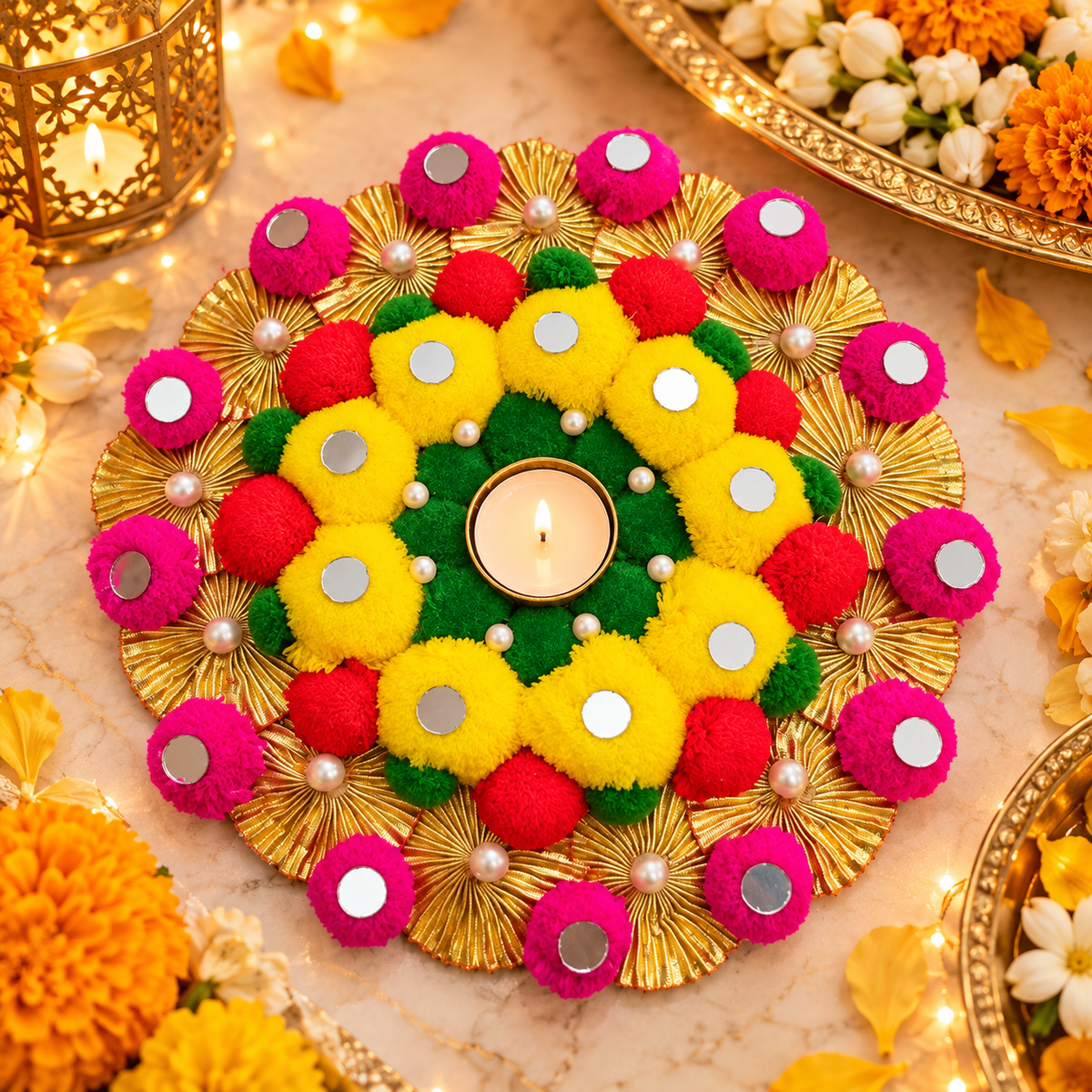 Festive Floral Rangoli Mat with Diya Holders – Approx. 12 Inches