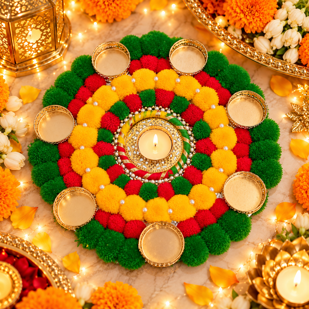 Traditional Red, Yellow & Green Floral Rangoli with 7 Diya Holders – Approx. 12 Inches