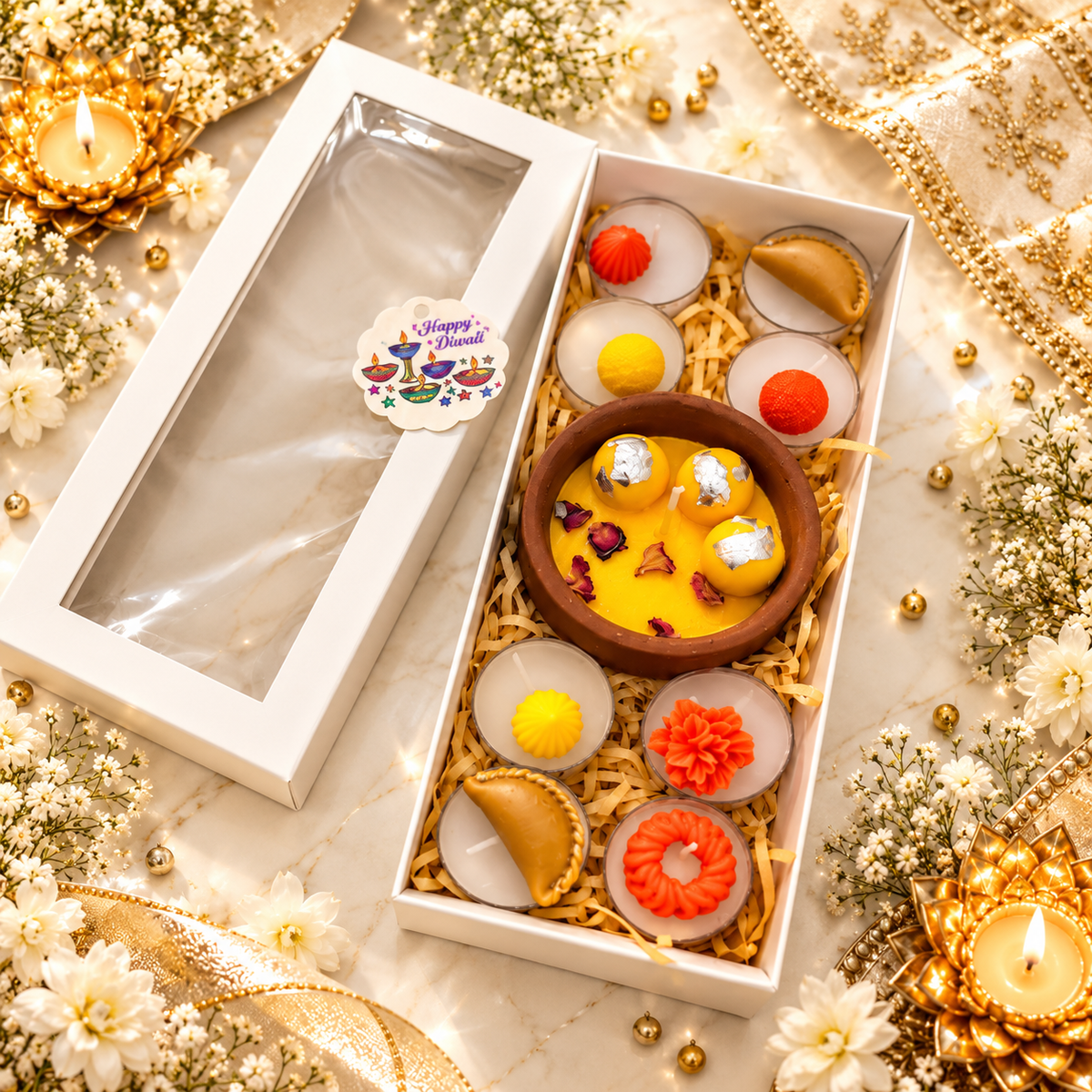 Kesar Rasmalai Candle Diwali Gift Box | Luxury Mithai Candle Hamper