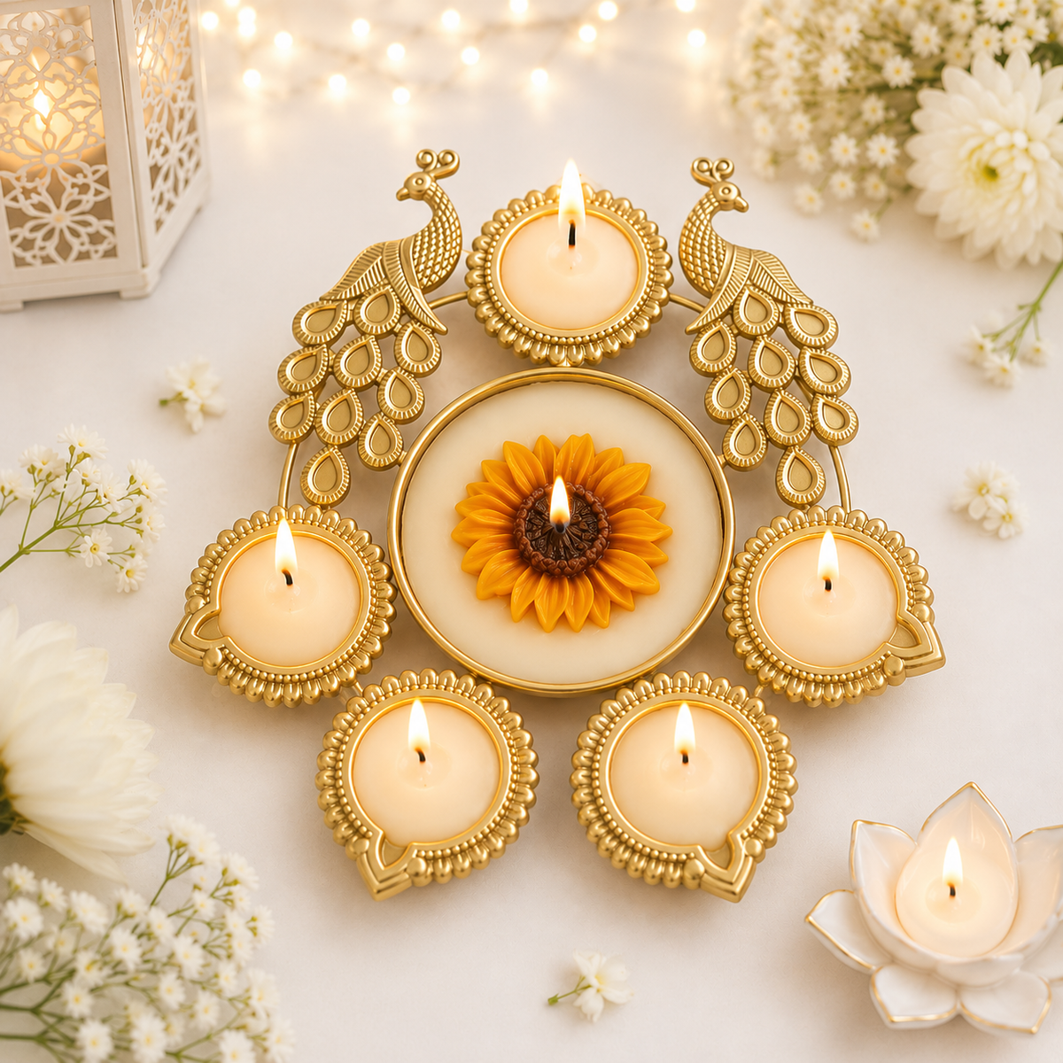 Royal Peacock Sunflower Urli Candle – 7 Inch