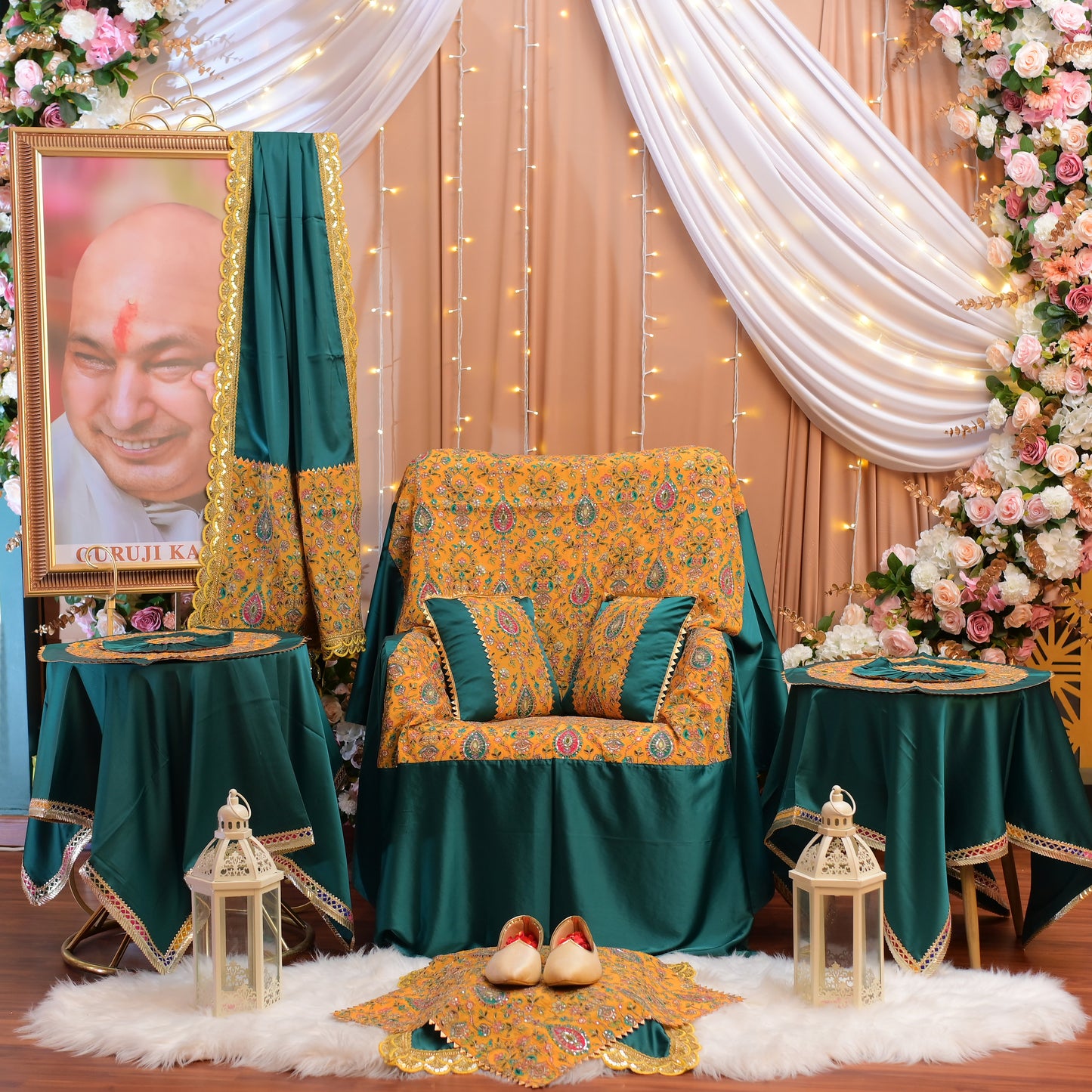 Royal Teal & Mustard Embroidered Guruji Chola – 12 Piece Set