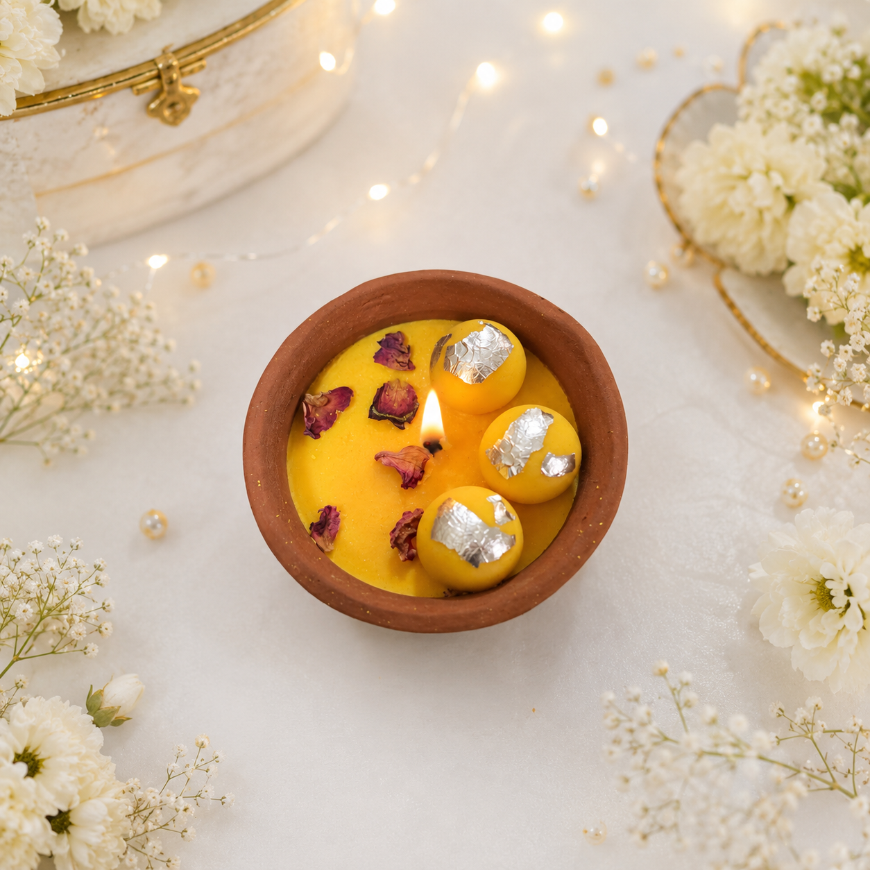 Kesar Ras Malai Terracotta Candle – 3.5 Inch | Indian Mithai Candle
