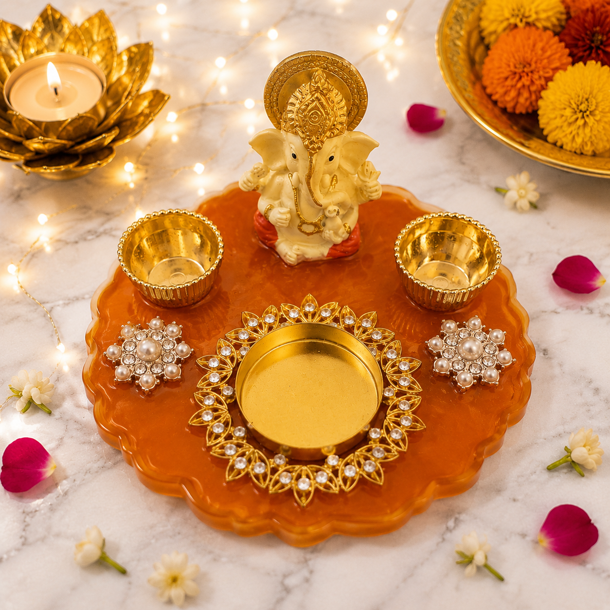 Handcrafted Resin Ganesha Pooja Platter | Amber Orange Festive Pooja Décor