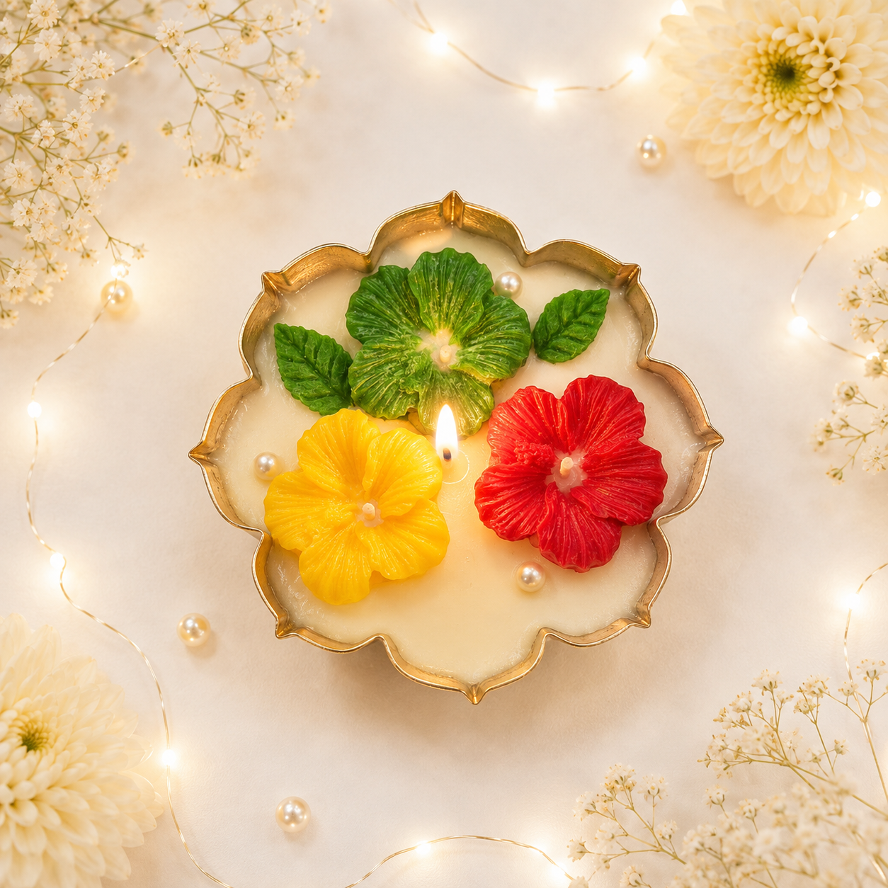 Tropical Hibiscus Urli Candle – 4 Inch | Floral Festive Candle