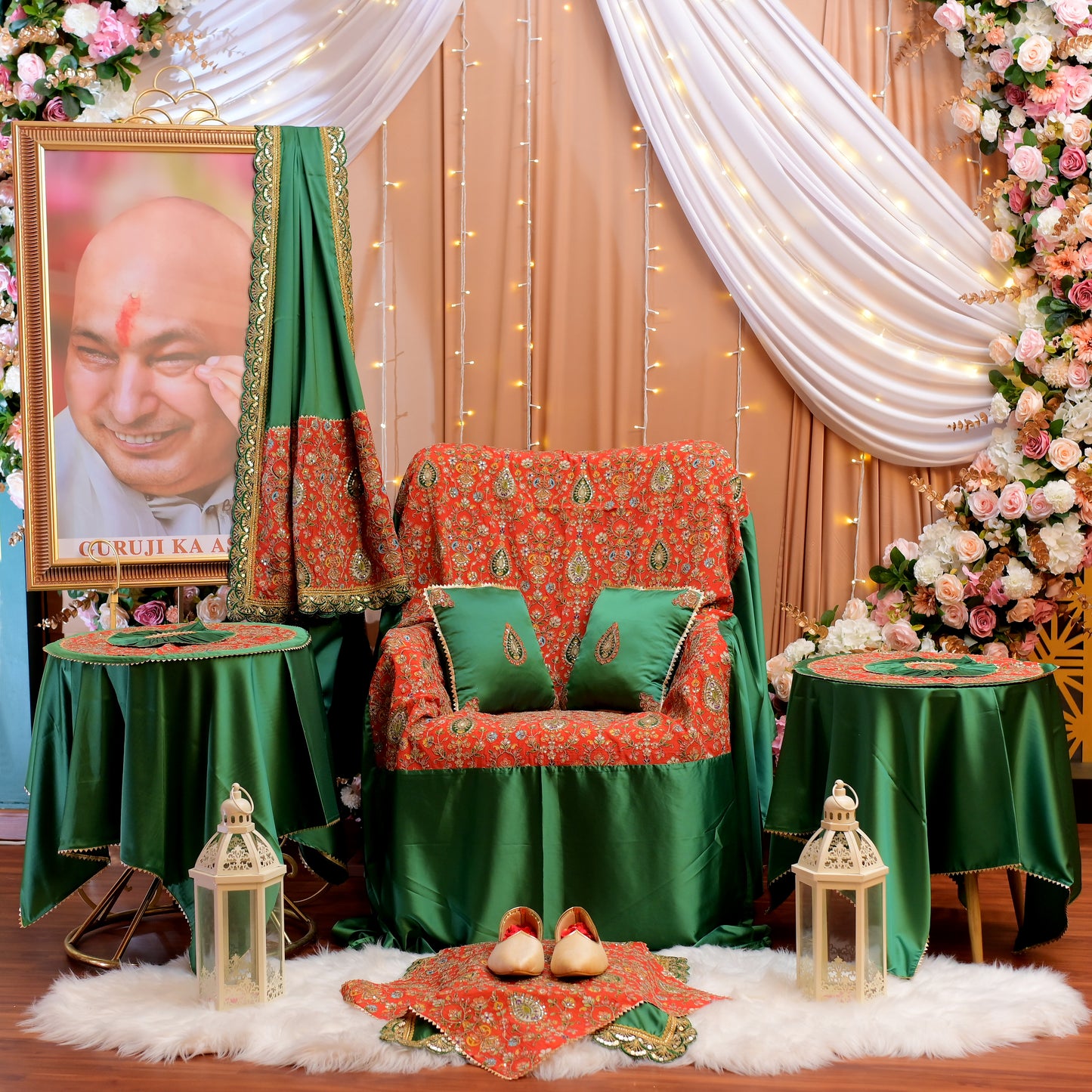 Emerald Green & Coral Embroidered Guruji Chola – 12 Piece Set