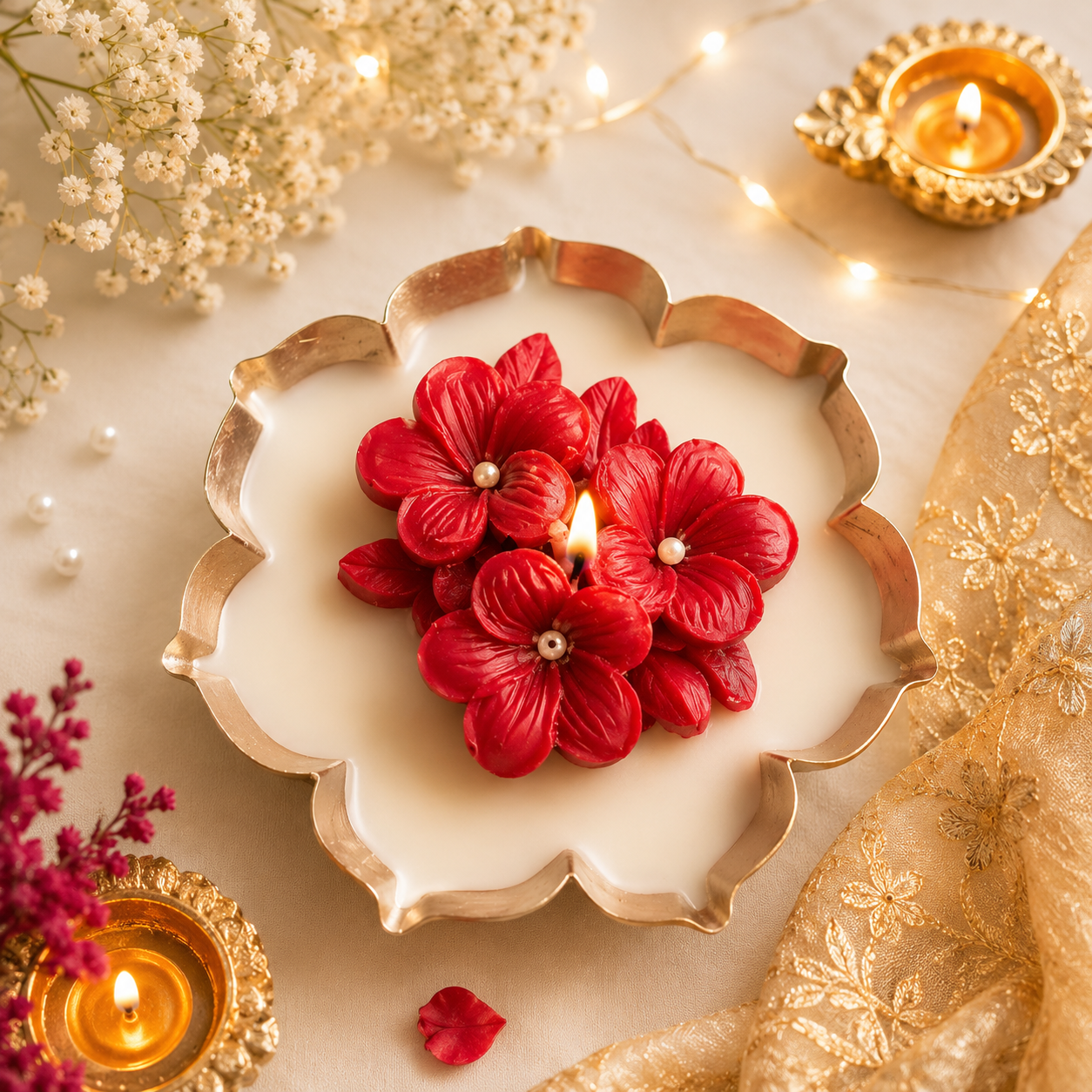 Crimson Blossom Urli Candle – 4 Inch | Red Floral Festive Candle