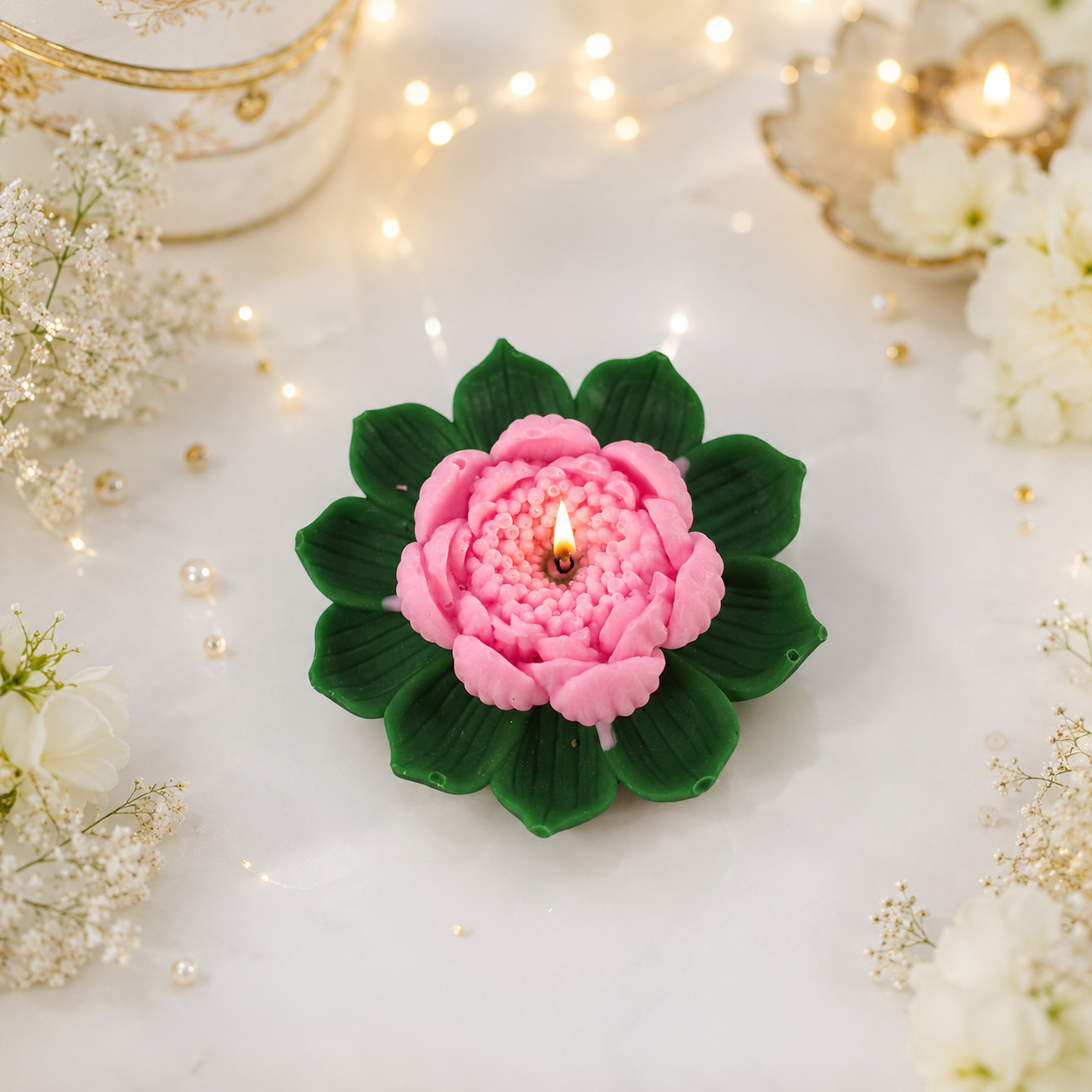 Blooming Pink Lotus Candle – 4 Inch | Floral Festive Candle