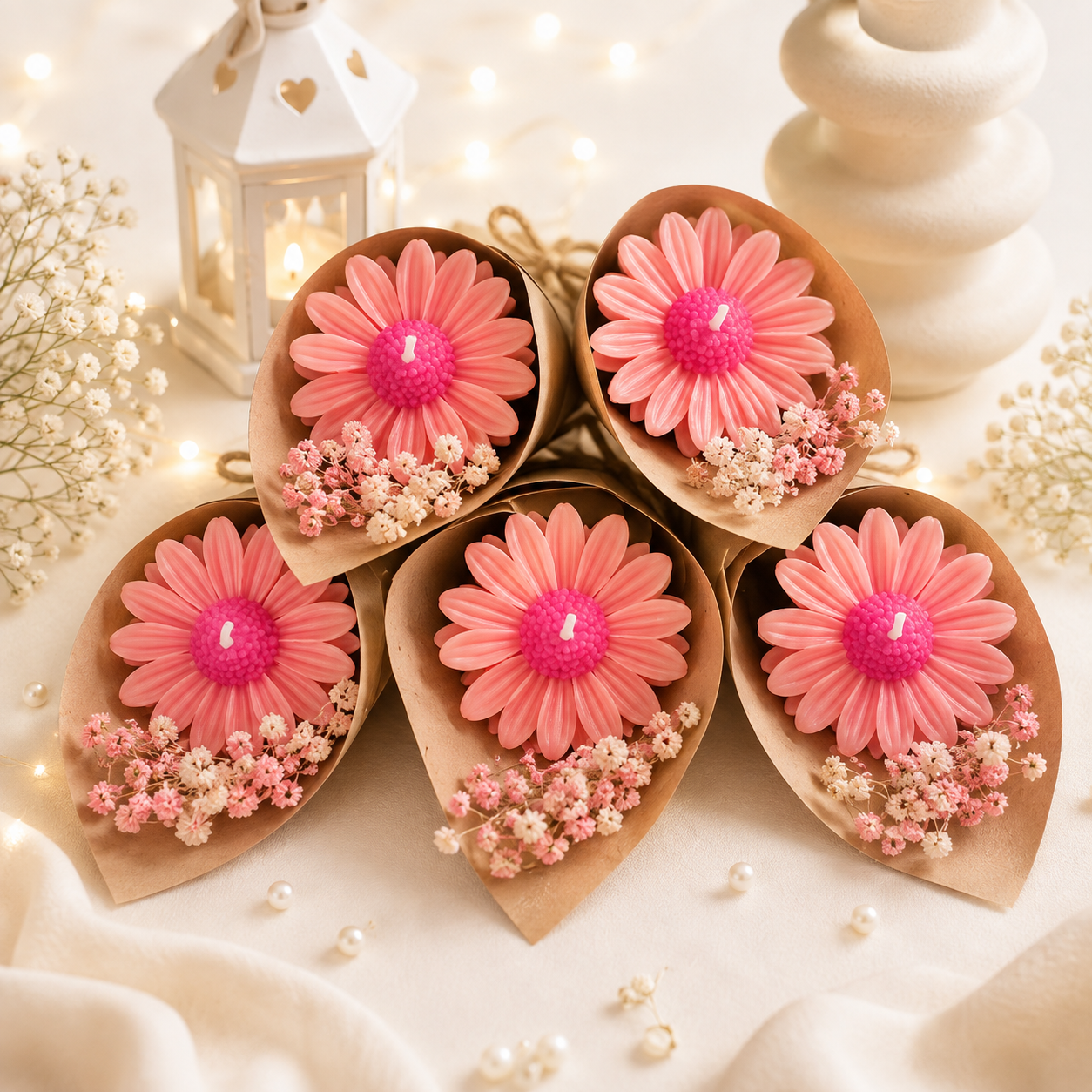 Blush Daisy Flower Candles – Set of 5 | Floral Gift Candles