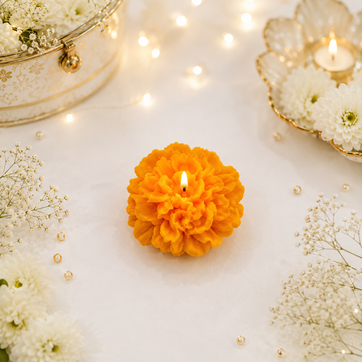 Genda Phool Marigold Candle – 2.5 Inch | Festive Floral Candle