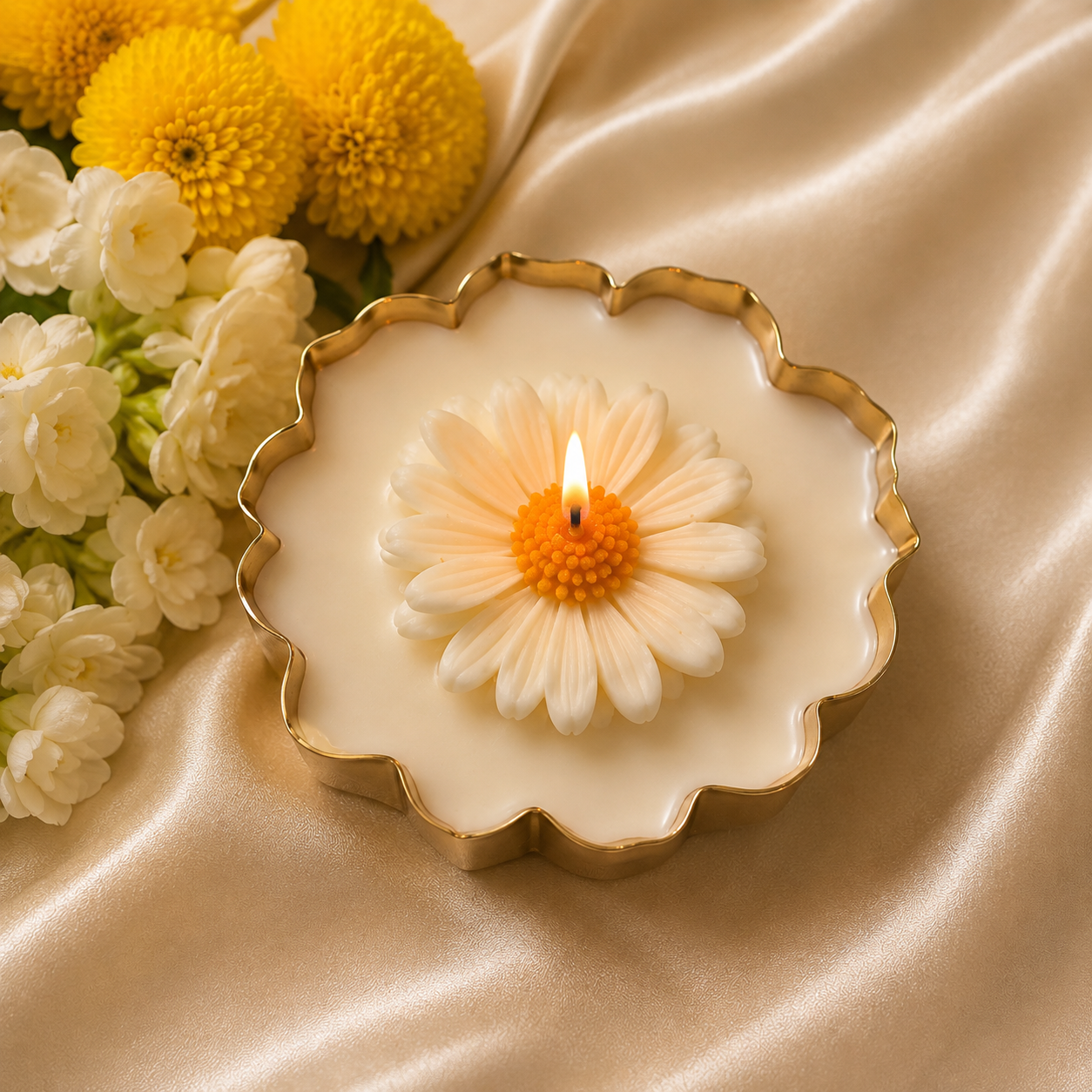 Daisy Bloom Soy Wax Candle in Gold Metal Urli | 5 Inch | 100% Soy Wax | Handcrafted Decorative Candle