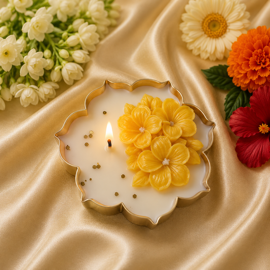 Golden Blossom Soy Wax Candle in Gold Urli – 3.5 Inch | Handcrafted Festive Candle