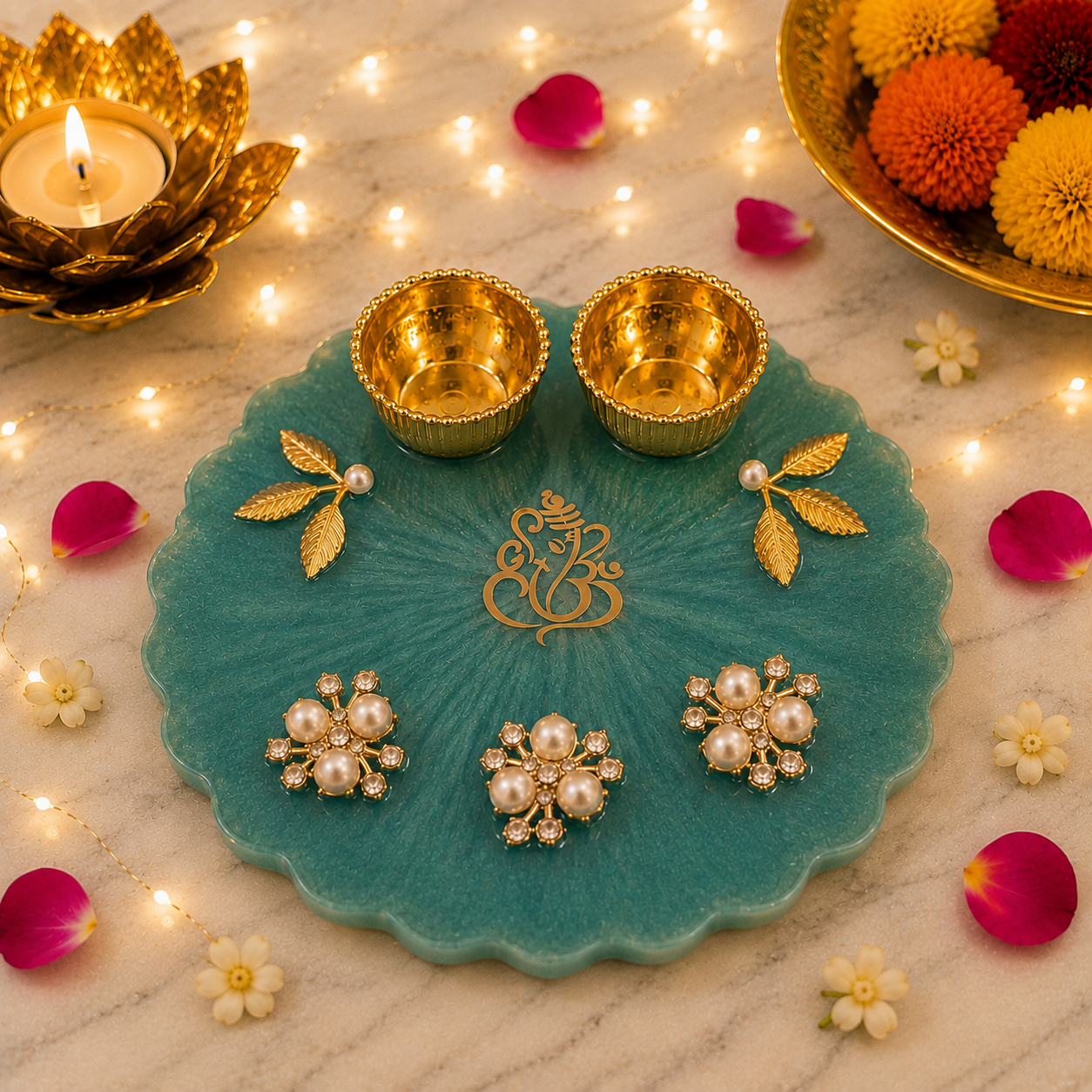 Handcrafted Resin Ganesha Pooja Platter | Teal Green Festive Pooja Décor