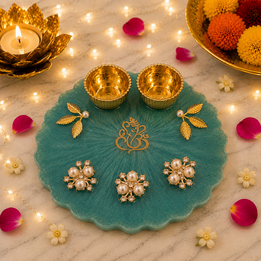 Handcrafted Resin Ganesha Pooja Platter | Teal Green Festive Pooja Décor