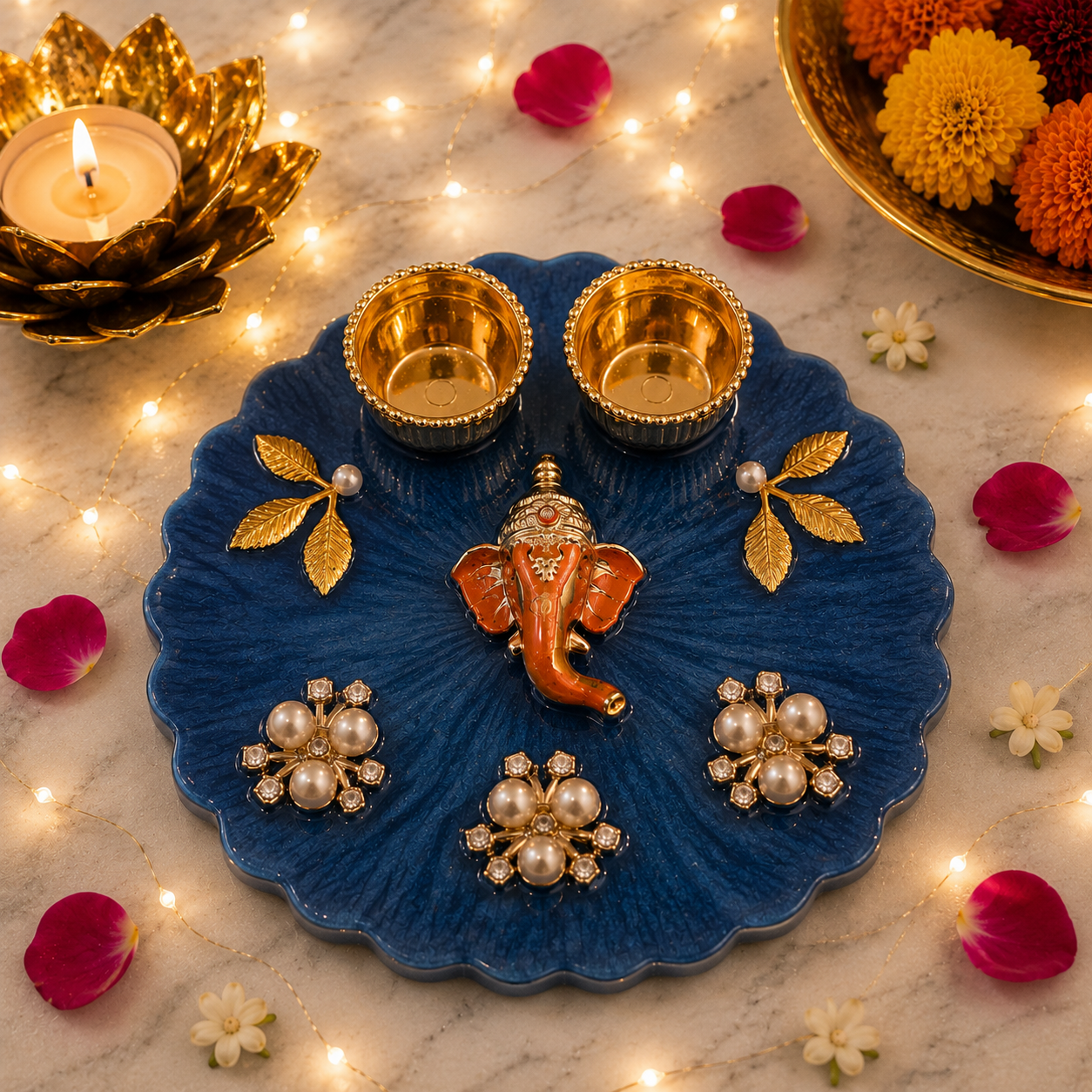 Handcrafted Resin Ganesha Pooja Platter | Royal Blue Festive Pooja Décor