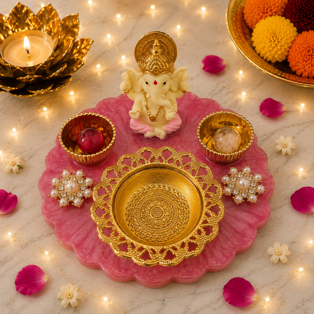 Handcrafted Resin Ganesha Pooja Platter Set | Pink Festive Pooja Décor