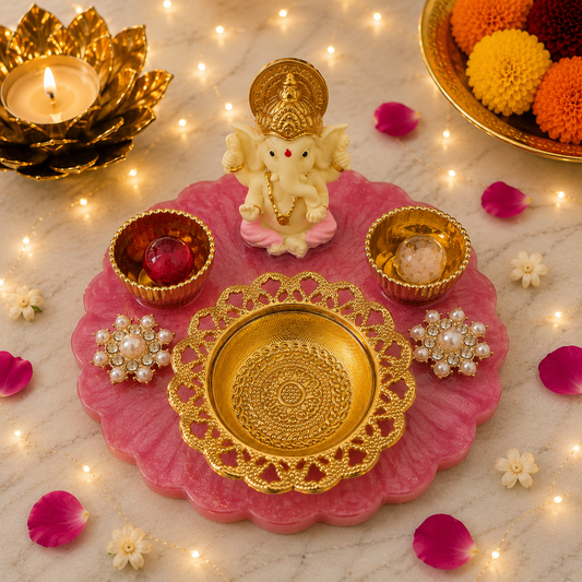 Handcrafted Resin Ganesha Pooja Platter Set | Pink Festive Pooja Décor