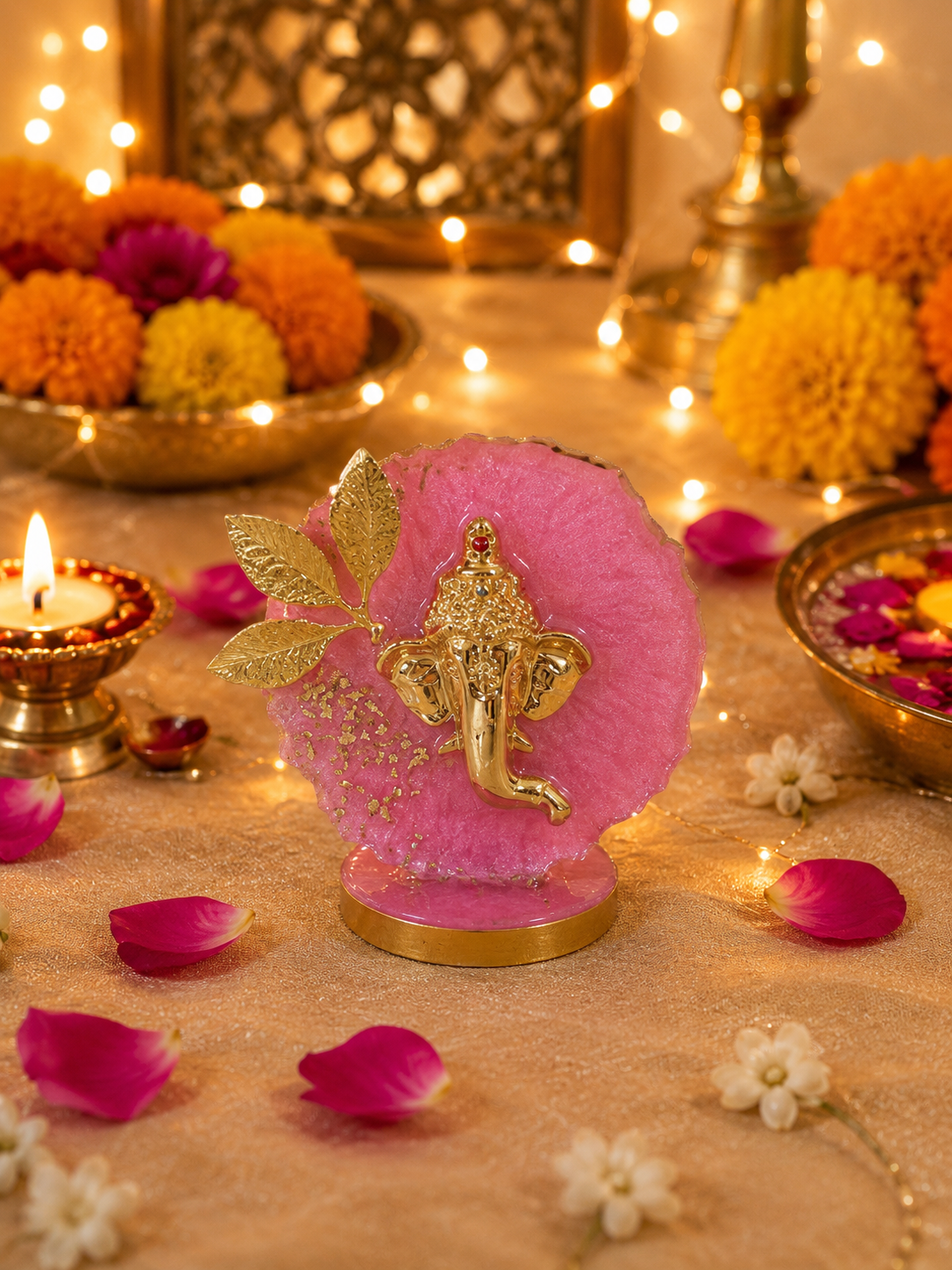 Handcrafted Resin Ganesha Blessing Décor | Pink & Gold | Approx. 2.5 Inch