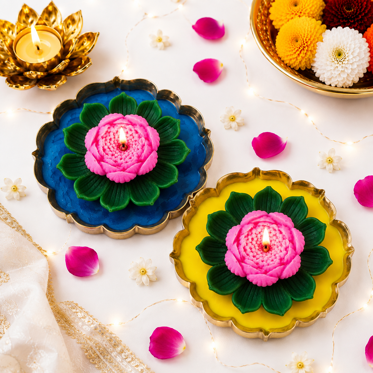 Handcrafted Lotus Urli Soy Wax Candle Set | Ganesh Chaturthi Special | Set of 2 | 5 Inch