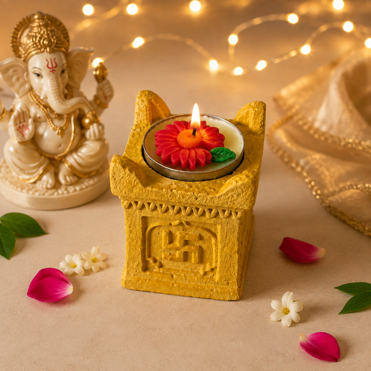 Handcrafted Casting Powder Tea Light Holder with Floral Candle | Ganesh Chaturthi Special