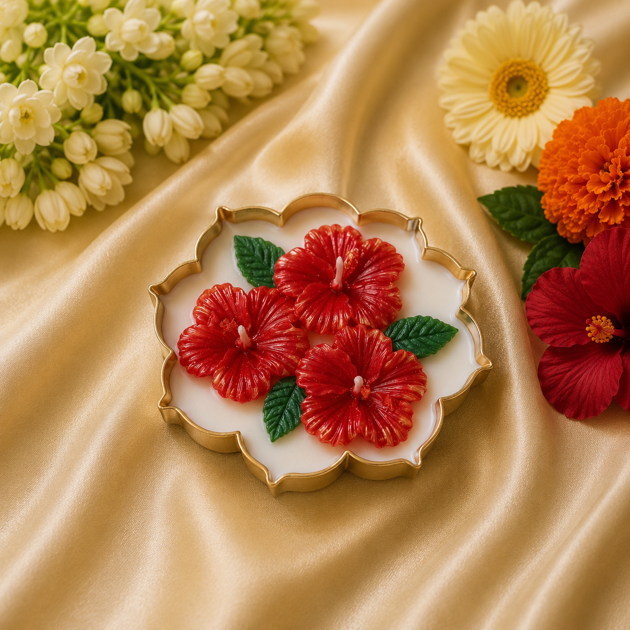 Hibiscus Bloom Soy Wax Candle in Gold Metal Urli | 3.5 Inch | 100% Soy Wax | Handcrafted Decorative Candle