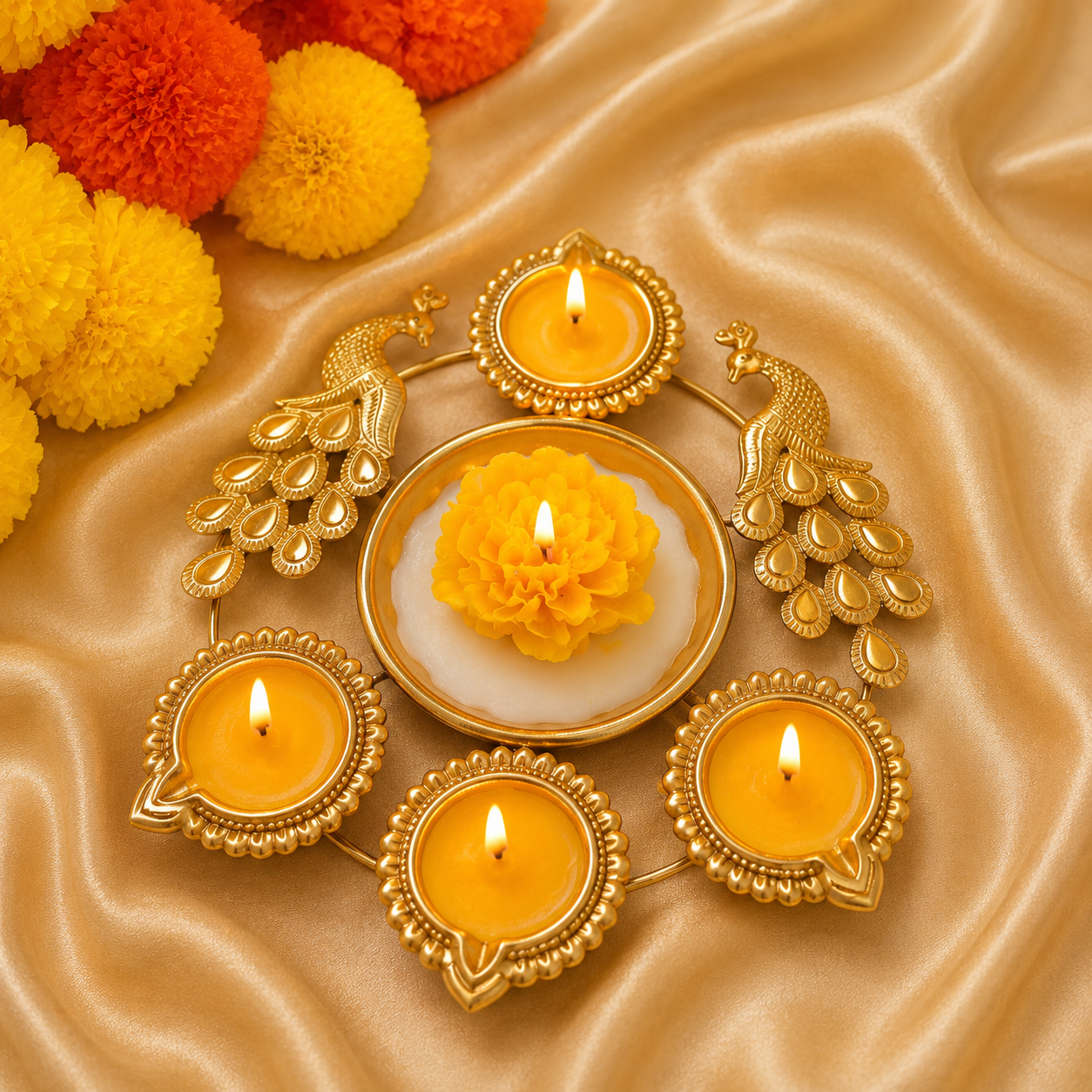 Luxury Peacock Marigold Urli Soy Wax Candle Set – Gold Finish | 7 Inch Festive Decor