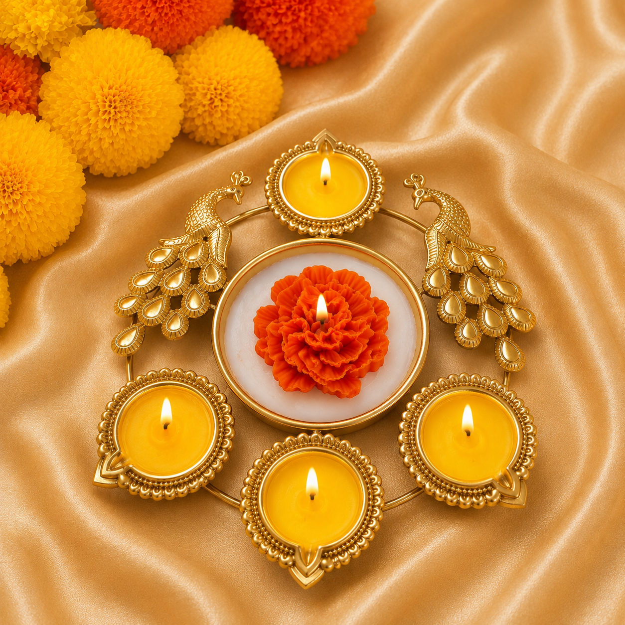 Luxury Peacock Orange Marigold Urli Soy Wax Candle Set – Gold Finish | 7 Inch Festive Decor