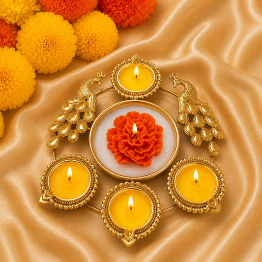 Luxury Peacock Orange Marigold Urli Soy Wax Candle Set – Gold Finish | 7 Inch Festive Decor
