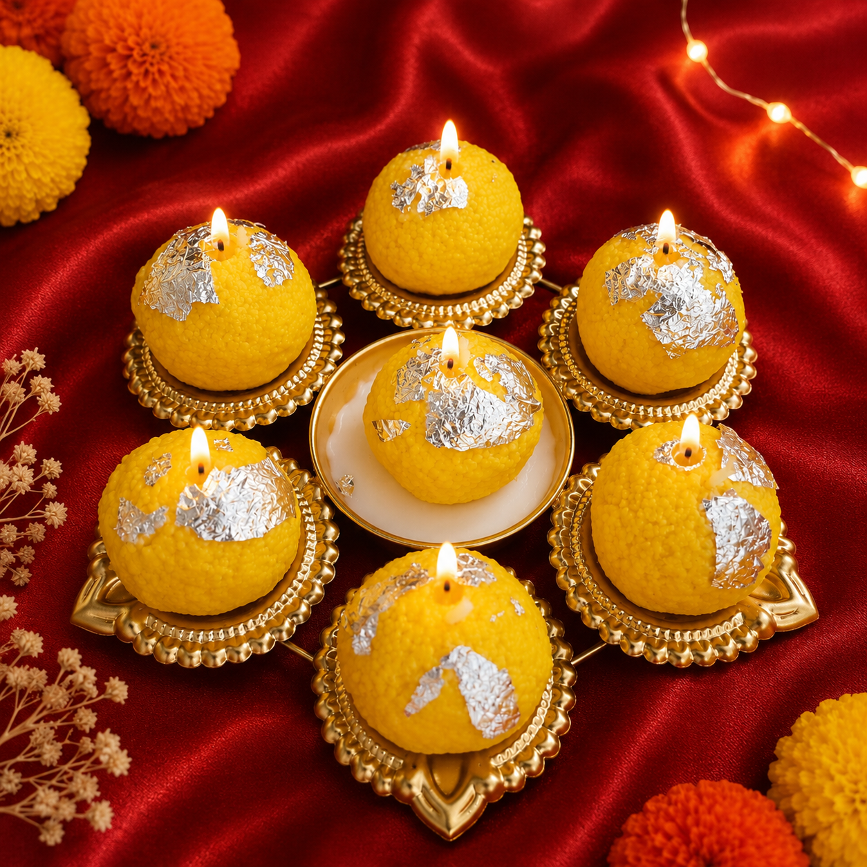 Laddoo Urli Candle – Handmade 100% Soy Wax Festive Candle | Gold Metal Urli | 6 Inch