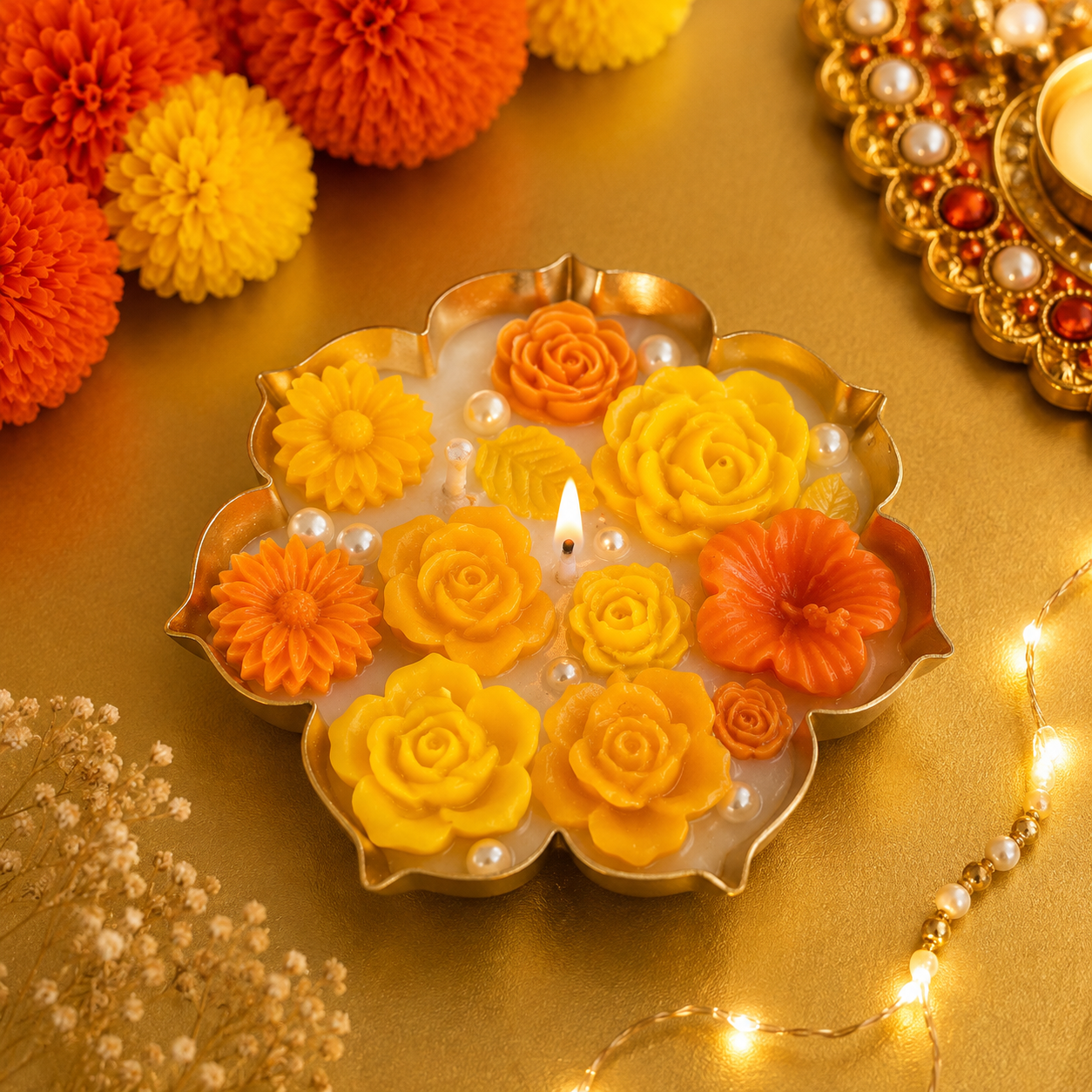 Handcrafted Floral Garden Urli Candle – 100% Soy Wax Candle in Gold Metal Urli | 3.5 Inch