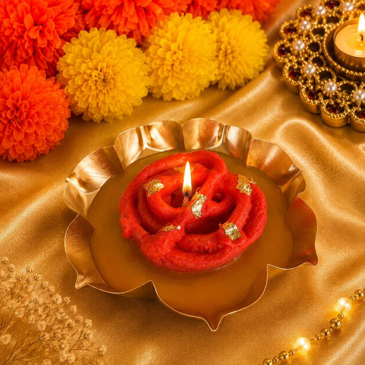 Jalebi Urli Candle – Handmade 100% Soy Wax Dessert Candle | Gold Metal Urli | 3.5 Inch