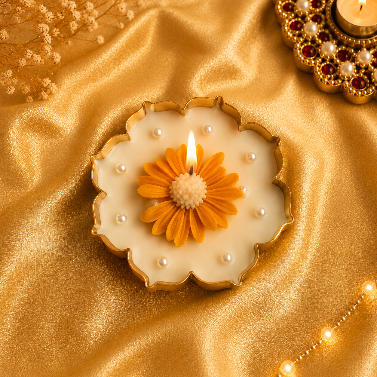 Orange Daisy Urli Candle – 100% Soy Wax Floral Candle in Gold Metal Urli | 5 Inch