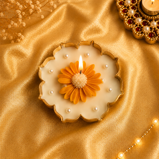 Orange Daisy Urli Candle – 100% Soy Wax Floral Candle in Gold Metal Urli | 5 Inch