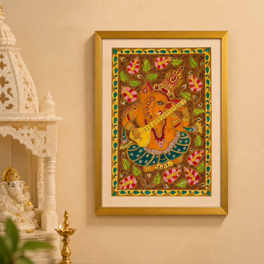 Hand-Painted Lord Ganesha Playing Veena with Gold Frame | Traditional Folk Art Painting | 11.5 x 16.5 Inches