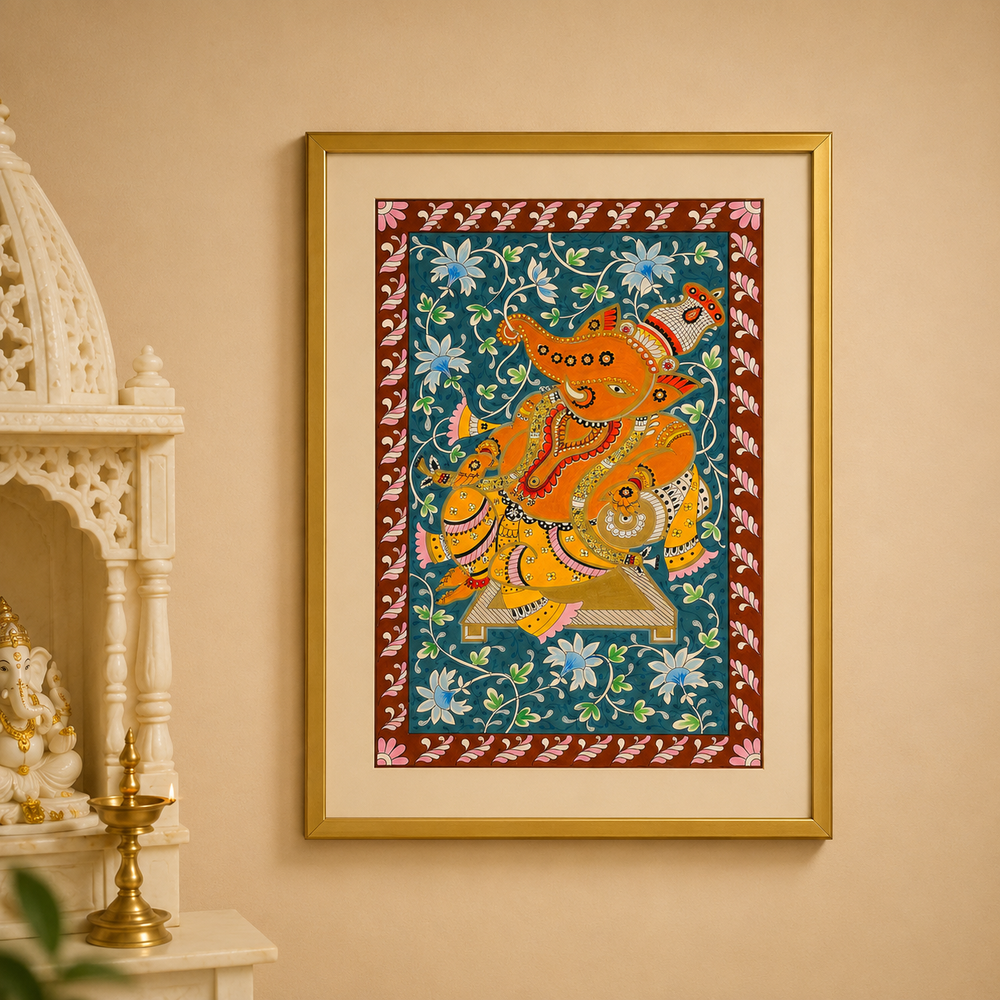 Hand-Painted Lord Ganesha with Veena in Gold Frame | Traditional Folk Art Painting | Made in Dubai | 11.5 x 16.5 Inches