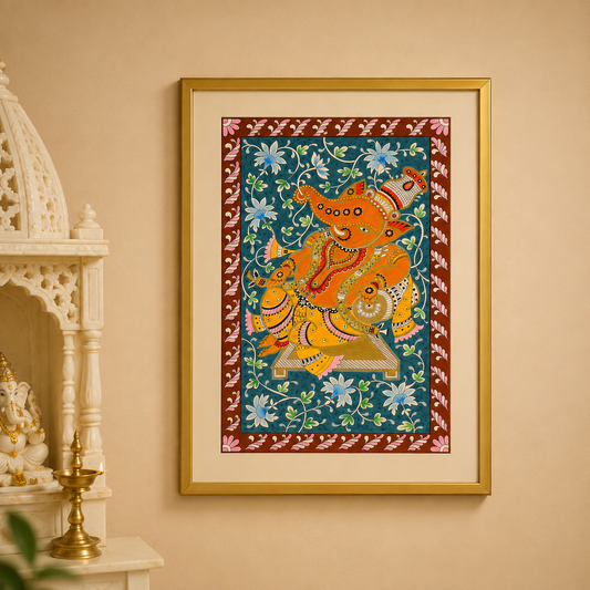 Hand-Painted Lord Ganesha with Veena in Gold Frame | Traditional Folk Art Painting | Made in Dubai | 11.5 x 16.5 Inches