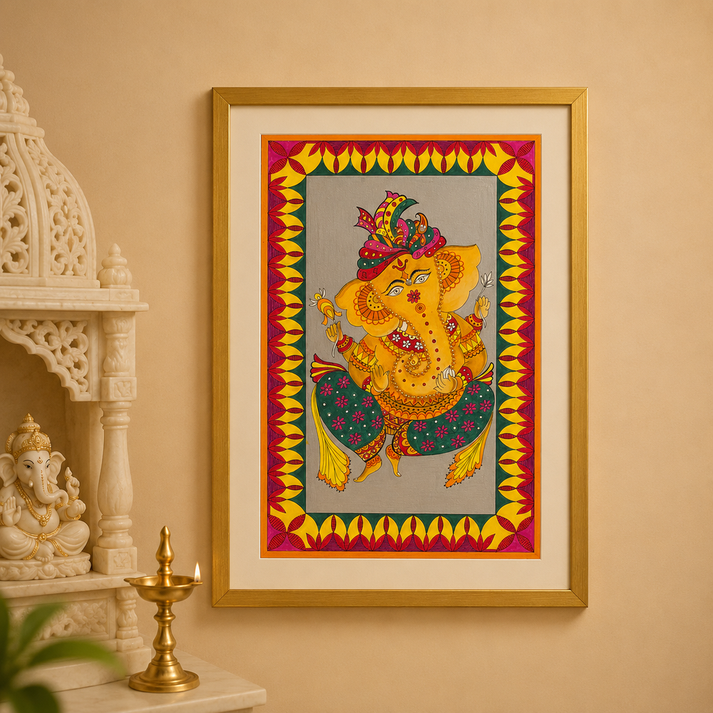 Hand-Painted Golden Lord Ganesha with Gold Frame | Traditional Folk Art Painting | Made in Dubai | 10 x 14.5 Inches
