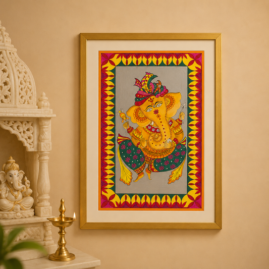 Hand-Painted Golden Lord Ganesha with Gold Frame | Traditional Folk Art Painting | Made in Dubai | 10 x 14.5 Inches